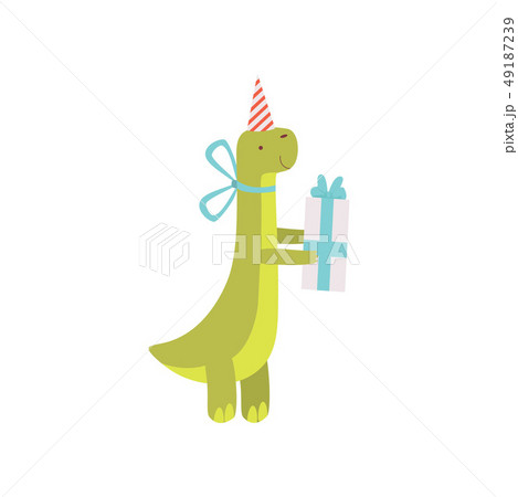 Cute Dinosaur in Party Hat with Gift Box, Green Dino Character, Happy Birthday Party Design Element Cute Dinosaur in Party Hat with Gift Box, Green Dino Character, Happy Birthday Party Design Element 49187239