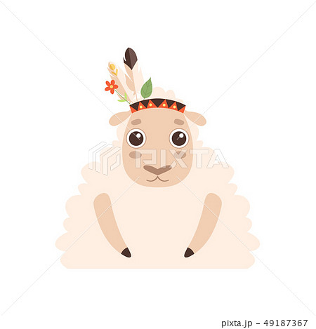 Cute Lamb Animal Wearing Indian Traditional Tribal Headdress with Feathers, Leaves and Flowers Cute Lamb Animal Wearing Indian Traditional Tribal Headdress with Feathers, Leaves and Flowers 49187367