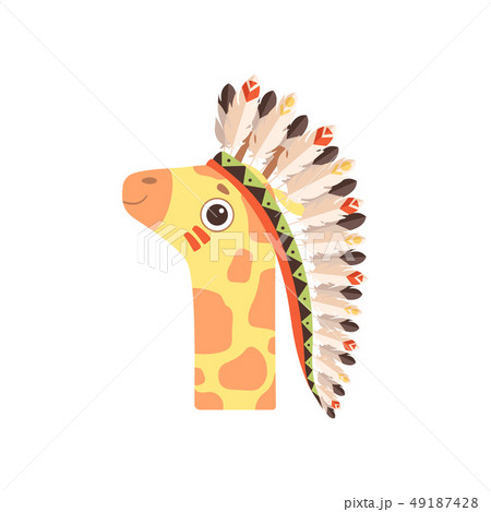 Cute Animal Giraffe Wearing Indian Traditional Tribal Headdress with Feathers Vector Illustration 49187428