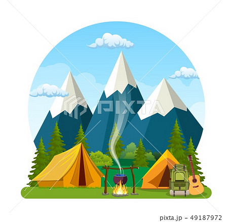 Summer camp. Landscape with yellow tent, Summer camp. Landscape with yellow tent, 49187972