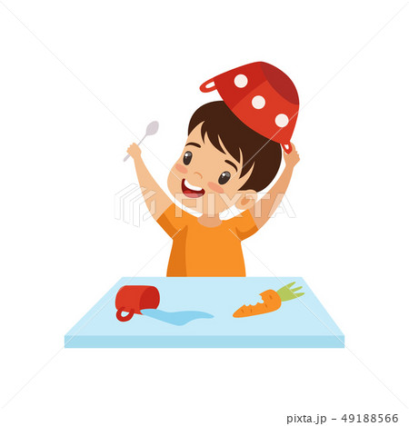 Boy Dabbling with Food at Table, Cute Naughty Kid, Bad Child Behavior Vector Illustration Boy Dabbling with Food at Table, Cute Naughty Kid, Bad Child Behavior Vector Illustration 49188566
