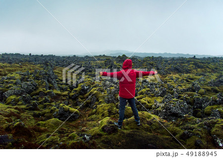 Man enjoying lava field view in Iceland 49188945