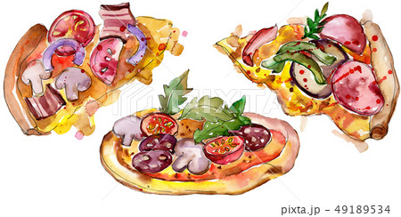 Fast food itallian pizza in a watercolor style set. Aquarelle food illustration for background Fast food itallian pizza in a watercolor style set. Aquarelle food illustration for background 49189534