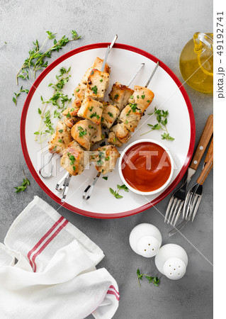 Grilled meat skewers, chicken shish kebab top view 49192741