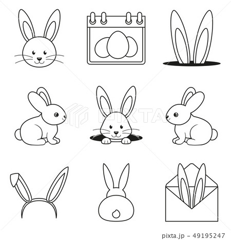 Line Art Black And White Easter Bunny Setのイラスト素材