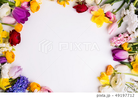 Easter and spring flat lay on a white background. Copy space. 49197712