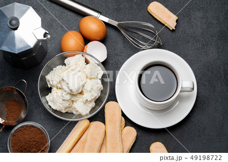 Ingredients for cooking tiramisu - Savoiardi biscuit cookies, mascarpone, cream, sugar, cocoa 49198722