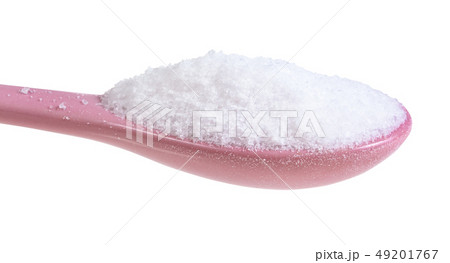 view of ceramic spoon with fine Sea Salt close up 49201767