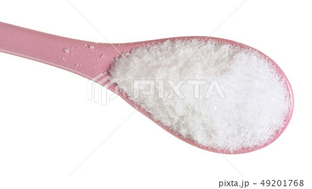 top view ceramic spoon with fine Sea Salt close up 49201768