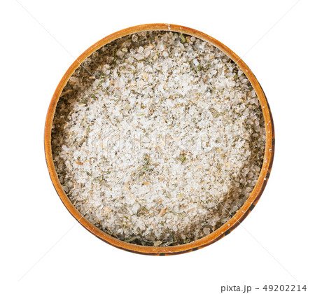 top view of wooden salt cellar with seasoned salt 49202214
