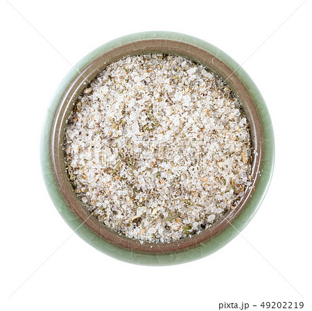top view of ceramic salt cellar with seasoned salt 49202219