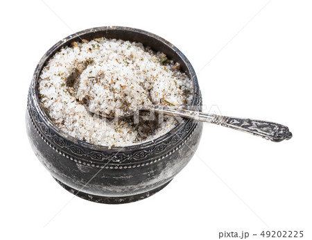 silver salt cellar with spoon with seasoned salt 49202225