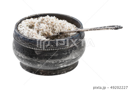 silver salt cellar with spoon with seasoned salt 49202227