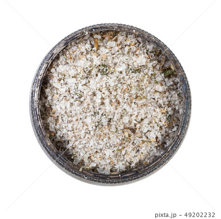 top view of silver salt cellar with seasoned salt 49202232