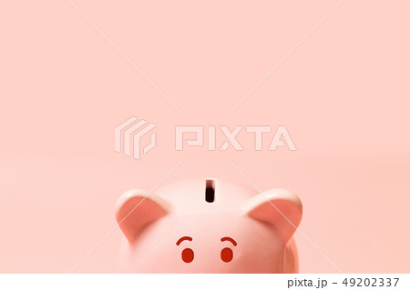 Cute piggy bank on background, top view Cute piggy bank on background, top view 49202337
