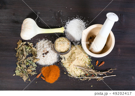 top view of Seasoned Salt piles with ingredients 49202417
