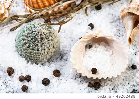 shells, coarse grained Sea Salt and peppercorns 49202439