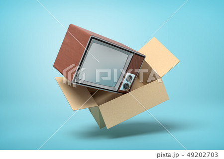 3d rendering of cardboard box in air from which retro TV set flies out on light-blue background. 3d rendering of cardboard box in air from which retro TV set flies out on light-blue background. 49202703