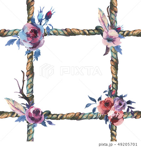 Watercolor floral rustic rope seamless pattern on white backgrou 49205701