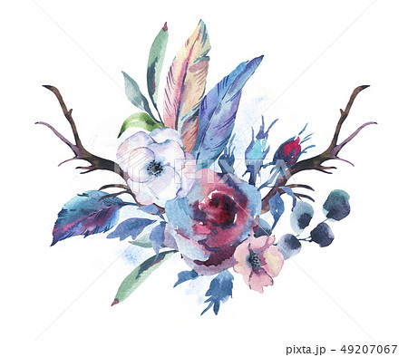 Vintage Watercolor Bouquet of Roses, Anemones, Feathers, Horns a 49207067