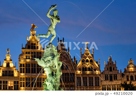 Antwerp Grote Markt with famous Brabo statue and fountain at night, Belgium 49210020