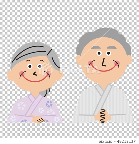 ポップな3世代家族　シニアの夫婦　浴衣で手をついて並ぶ 49212137