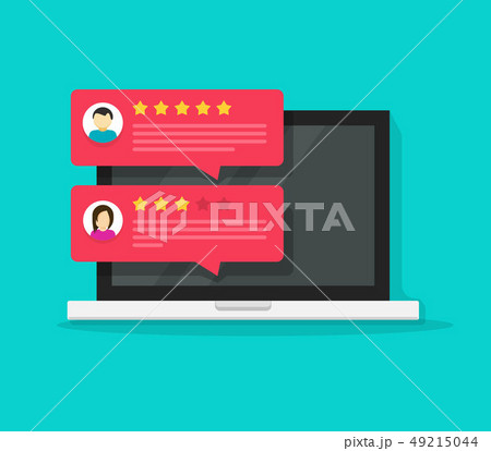 Computer with customer review rating chat messages vector illustration, flat cartoon design of 49215044