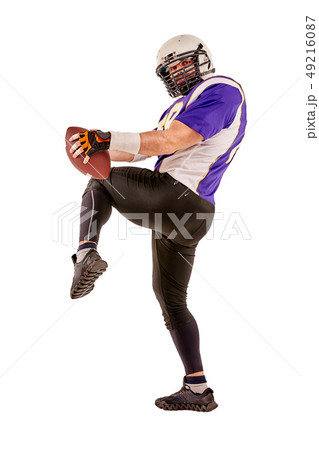 Football Player in action with ball in the hand isolated on white background. 49216087