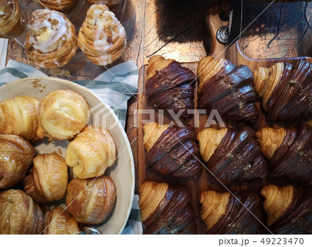 close up of freshly baked crusty croissant  49223470