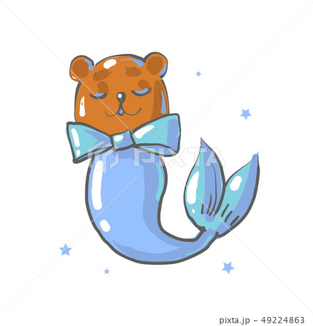 Cute brown bear with bow and mermaid tail isolated on white 49224863