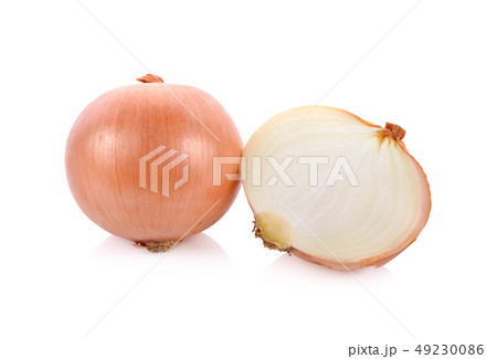 whole and half cut fresh onion on white background whole and half cut fresh onion on white background 49230086
