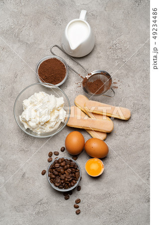 Ingredients for cooking tiramisu - Savoiardi biscuit cookies, mascarpone, cheese, sugar, cocoa 49234486