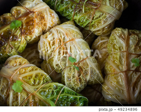 Cabbage rolls with rice and vegetables. Top view. Cabbage rolls with rice and vegetables. Top view. 49234896