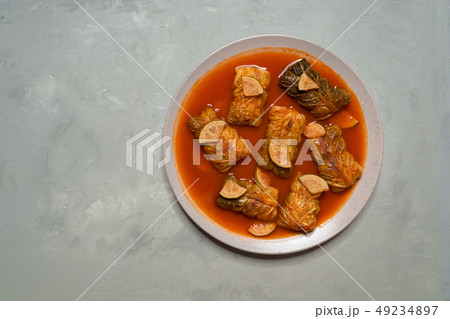 Cabbage rolls with rice and vegetables. Top view. 49234897