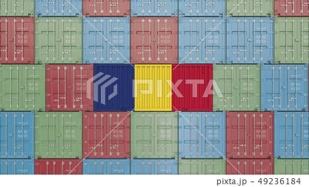 Container with flag of Romania. Romanian import or export related 3D rendering 49236184