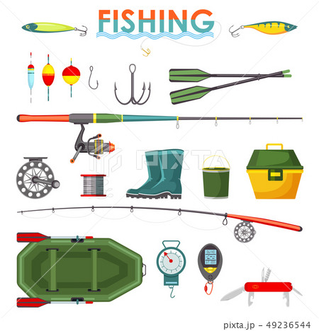 Set of isolated fishing items or equipment, rod Set of isolated fishing items or equipment, rod 49236544