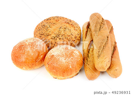 Appetizing grain bread, baguette and buns isolated Appetizing grain bread, baguette and buns isolated 49236931