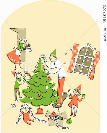 クリスマスツリーの飾り付けをする親子のイラスト素材