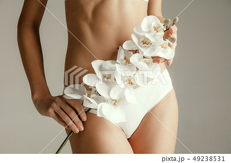 Young woman with epilated bikini zone holding flower on light background Young woman with epilated bikini zone holding flower on light background 49238531