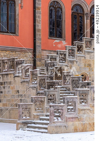 Close-up view of old ornamental castle staircase in Sychrov Castle in winter time. Czech Republic 49239914