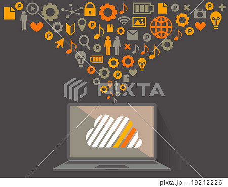 フラットデザインのパソコンのイラストとクラウドサーバーやインターネットのイメージのイラスト素材