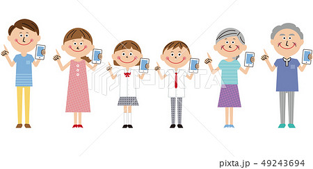 ポップな3世代家族 携帯電話を持って指差し正面のイラスト素材