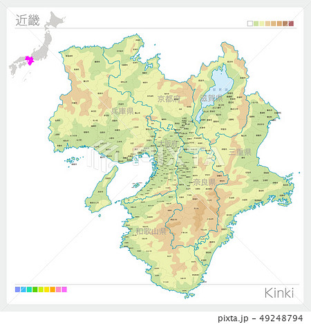 近畿の地図 Kinki 等高線 色分け のイラスト素材