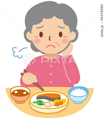 食事をする困り顔のおばあちゃんのイラスト素材