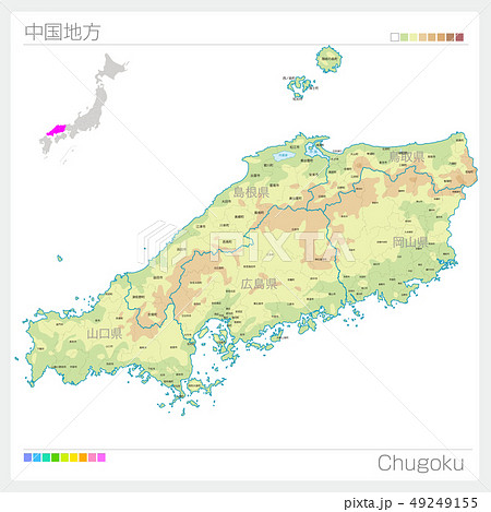 中国地方の地図・Chugoku（等高線・色分け）