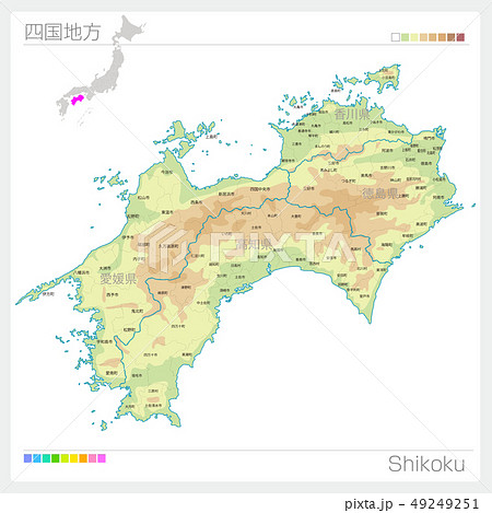 四国地方の地図・Shikoku（等高線・色分け） 49249251