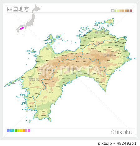 四国地方の地図 Shikoku 等高線 色分け のイラスト素材