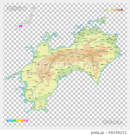 四国地方の地図・Shikoku（等高線・色分け） 49249251