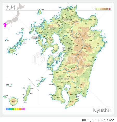 九州地方の地図 Kyushu 等高線 色分け のイラスト素材