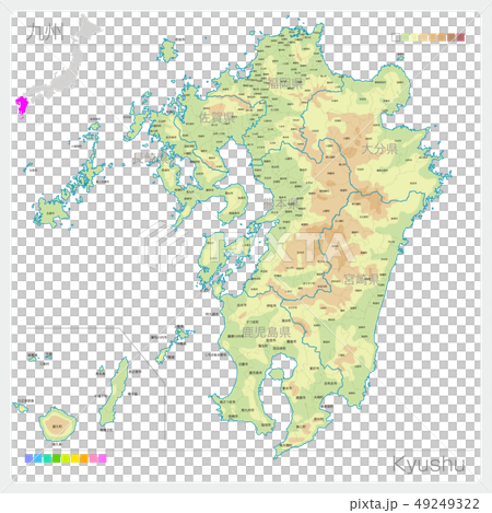 九州地方の地図 Kyushu 等高線 色分け のイラスト素材